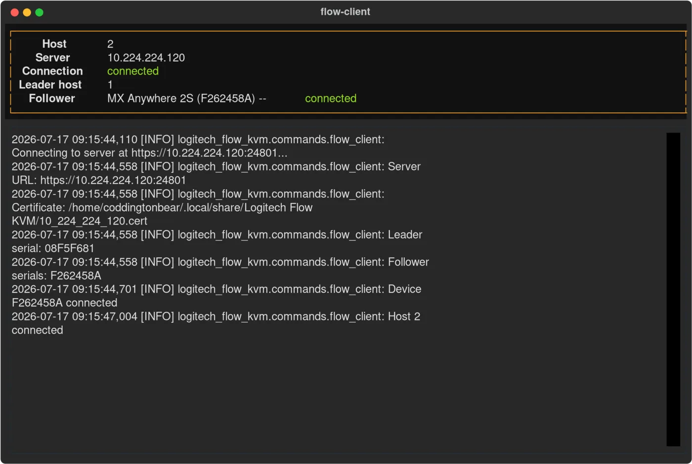 The flow-client terminal display showing device status and a scrolling log.