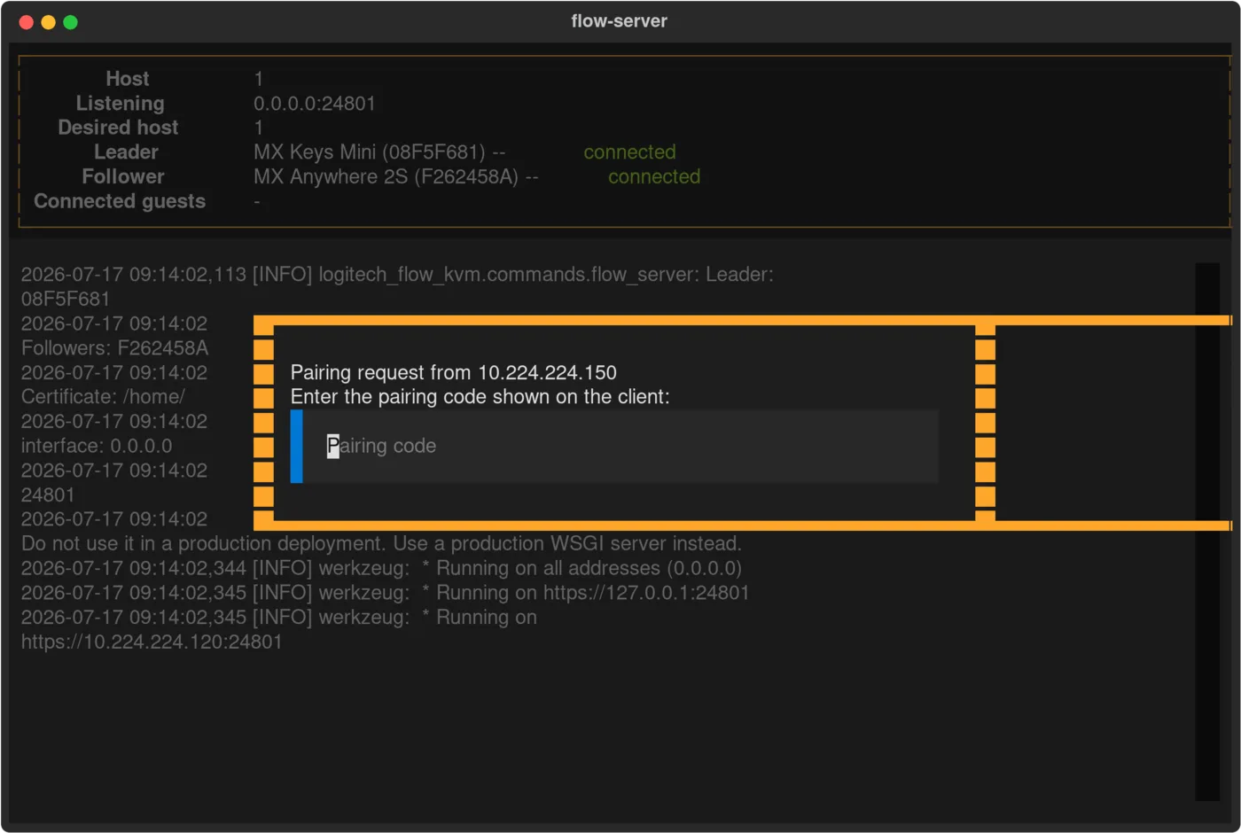 The flow-server pairing prompt, asking for the six-digit code shown by a connecting client.